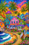 Bright tropical seaside village with colorful cottages, palm trees, pink flowers, boardwalk, and ocean waves at sunset.