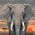 Majestic African elephant standing before a glowing sunset on the African savanna with acacia trees and warm golden skies in a modern geometric illustration style.