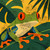 Bright red-eyed tree frog resting on tropical rainforest leaves in a vibrant geometric illustration style.