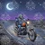 Blue skeletal rider driving a custom motorcycle through a moonlit desert highway with a wolf watching from the roadside.