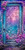 Weathered blue wooden door with shattered glass surrounded by purple flowers and roses opening into a magical fantasy landscape.