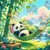 Relaxing panda resting in a hammock beside a peaceful stream with bamboo, teapot, and lush green scenery.