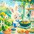 Cute bunny wearing an apron cooking fresh vegetables in a cozy country kitchen overlooking rolling hills.