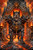 Three-headed Cerberus standing before fiery gothic gates surrounded by lava and infernal flames.