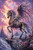 Skeletal Pegasus with tattered wings standing on a cliff overlooking a gothic fantasy kingdom at sunset.