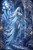 Ghostly banshee floating inside an abandoned gothic cathedral surrounded by blue roses and moonlight.