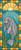 Cute stained glass Florida manatee swimming beneath a glowing ocean sunrise with sea grass and soft tropical colors.