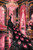 Regal black peacock with vivid pink eye feathers inside an opulent pink, black and gold palace by Kelly Reins.