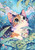 Dreaming Tropical Calico by Sakura featuring a wide-eyed calico kitten surrounded by lush monstera leaves beneath a dreamy pastel sky.