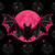 Black bat with wide wings flying before a glowing pink full moon with pink stars on black.