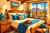 Elegant modern cowgirl bedroom with carved wood bed, cowboy hat, turquoise jewelry and Southwestern desert view by Kelly Reins.