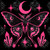 Black and pink celestial moth beneath a crescent moon surrounded by stars and pink crystals by artist Kelly Reins.