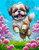 Happy Shih Tzu dog leaping through a colorful spring meadow with pink flowers beneath a bright turquoise sky.