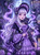 A silver-haired gothic lolita girl in an elaborate lavender and black ruffled dress holds a crescent moon wand and spell book beside a black kitten in a moonlit Victorian room by Dreamy Witch.