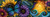 Elly AI blue purple butterfly with hummingbird, sunflowers, colorful flowers, swirling ocean waves, and glowing golden sun