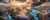 Elly AI volcanic Iceland landscape with glowing lava, turquoise waterfalls, rugged canyon, smoke plume, and dramatic sunset