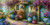 Elly AI Mediterranean cottage courtyard with teal doors, cascading purple wisteria, colorful flower pots, and decorative stone walkway