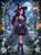 A mysterious gothic witch walks beneath a moonlit garden carrying a glowing lantern while surrounded by black roses, white lilies, butterflies, and ancient ruins by Dreamy Witch.