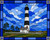 Black-and-white coastal lighthouse surrounded by layered brilliant blue clouds, green fields, trees, and white fencing in a stained-glass inspired landscape.