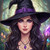 Crystal Forest Witch by Kristin Schwenke Block featuring a dark-haired witch with violet eyes, purple crystal staff, and enchanted forest background.