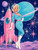Blonde retro space pin-up woman in turquoise spacesuit beside pink rocket with turquoise planet and atomic stars.