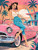 Retro brunette pin-up woman sitting on a pink vintage convertible with turquoise pants, palm trees, and sunset background.