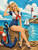 Blonde retro sailor pin-up woman beside a navy anchor with turquoise ocean, sailboats, and coastal lighthouse.