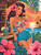 Retro brunette pin-up woman at a tropical tiki bar with pink hibiscus flowers, turquoise shorts, tropical foliage, and sunset ocean.
