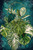 Layered green and cream tropical leaves with large Monstera foliage against a deep teal background and gold halo.
