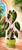Pink and dark green variegated tropical plant in a chartreuse planter beside a sunny arched tropical garden.