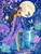 Elegant woman with a decorative prosthetic leg wearing a blue and lavender gown beneath a glowing full moon in a magical flower garden.