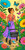Fashionable young woman using a turquoise rollator walker on a garden path surrounded by oversized colorful flowers and butterflies.