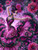 Glamorous woman in a sparkling magenta ruffled gown surrounded by oversized pink roses and dark flowers against a luminous purple background.