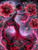 Glamorous dancer in a sparkling crimson red and black ruffled gown surrounded by enormous red and charcoal flowers.