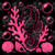 Black seahorse outlined in vivid pink surrounded by pink coral, seashells and bubbles by artist Kelly Reins.