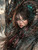 Dark-haired woman with glowing turquoise eyes embraced by a large bronze and teal armored dragon overlooking a fantasy industrial city.