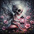 Tiny skeleton fairy with black butterfly wings sitting on a mushroom and holding a glowing pink lantern among flowers.