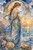 Thetis Greek sea goddess in flowing aqua robes standing beside seashells and ocean waves during a golden sunset.
