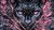 Close-up black panther with glowing pink eyes surrounded by luminous pink and black tropical foliage.
