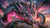 Large black dragon with turquoise eyes and glowing magenta scales gripping a rocky mountain beneath a dramatic sunset sky.