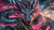 Fierce black dragon with glowing turquoise eyes and neon pink scales coiled around a mountain beneath a stormy sky.
