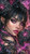 Dark-haired gothic woman with glowing pink-violet eyes surrounded by large black roses illuminated with magenta light.