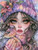 Young woman in pastel winter clothing holding a colorful songbird while snow falls around her.