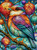 Colorful songbird perched on a snowy branch surrounded by glowing jewel-toned hanging lanterns.