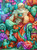 Santa Claus relaxing in a colorful armchair with a warm drink surrounded by pillows, flowers and books.