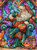 Colorful Santa Claus relaxing in a teal armchair with a warm cup of tea, surrounded by stained glass, glowing crystals, books, lanterns and cozy holiday details.