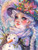 Whimsical winter maiden with silver braided hair wearing a poinsettia-trimmed hat and pastel scarf while holding a small snowman in falling snow.