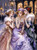 Three elegant women in vintage blush, lavender, and green gowns standing beside glowing Christmas shop windows on a snowy city street.