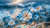 Large sapphire blue and white flowers blooming on a sandy shoreline in front of dramatic sparkling ocean waves.