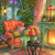 Cozy coral armchair beside a glowing fireplace surrounded by colorful flowers, plants, vintage books, patterned pillows, and stained-glass windows.